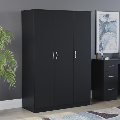 Vida Designs Riano 3 Door Wardrobe | Black | Bedroom Furniture | 170H x 115.4W x 47D cm | with Shelf & Hanging Rail | Large Capacity Storage