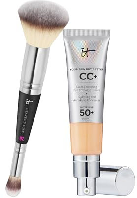 IT Cosmetics, Lot de 2 produits, Crème CC+ Anti-Âge Your Skin But Better, Haute Couvrance, Waterproof, Fini Naturel, 32 ml, Teinte Medium + Heavenly Luxe #7, Pinceau Double Embout