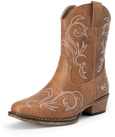 DREAM PAIRS Bottes Femme Western Courtes, Bottines Cowboy Cowgirl avec Broderie, Bout Carré, Talon Large, Mode à Fermeture Éclair,Size 41,Bronzer,DWUMAB2511