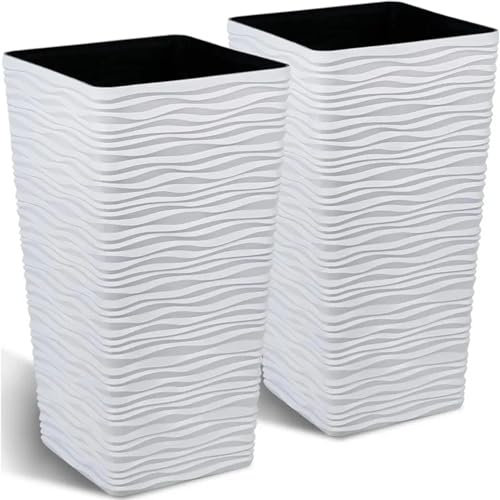 Vasi Alti Confezione da 2 fioriere nere for alberi alti - vasi for piante quadrati affusolati in plastica for interni ed esterni - altezza 22 - finitura moderna ondulata decorativa Per Piante Da Inte