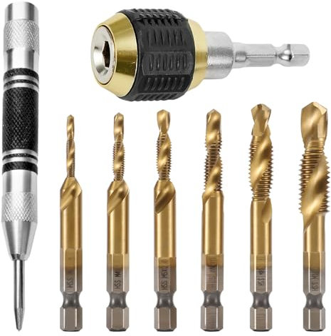 6 Stück Bohrer Set, Rostfreie Stähle, mit Schnellwechselspannzange und Positionierstempel, M3 M4 M5 M6 M8 M10 Bohr-Gewindebohrer-Senker Bits, 1/4” Hex-Schaft, Geeignet für Holz, Metall (Gold)