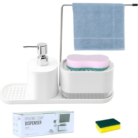 Spülbecken Organizer Küche,4-in-1 Schwammablage mit Spülmittelhalter | 2 Schwämme,Spültuchhaken, Abtropfschale für Schwämme, Küchenorganizer Spülbecken Weiß, Bad & Waschmaschine(31*11*15cm)