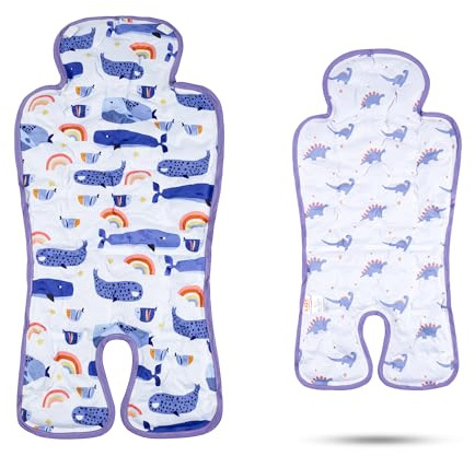 LAT Colchoneta Verano Silla Paseo, Reversible Funda Carro Bebe Universal con Almohadilla Refrigerante de Gel, Cojín Reductor Silla Paseo para Cochecito y Asiento (Ballena+Dinosaurio)