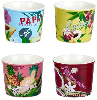 Genevieve Lethu 544000 Collection de 4 coupelles à dessert, coupe à glace en porcelaine Ø 8.5 cm H 7 cm - Lot de 4 ramequins, pot à glace collector assortis Modèle BONDI BEACH + coffret cadeau