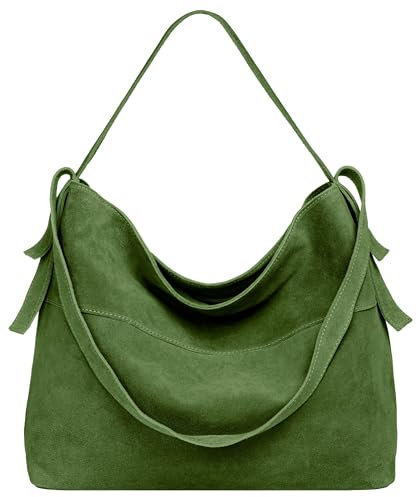 Caspar große Vintage Leder Schultertasche lässige Damen Handtasche aus Wildleder mit Reißverschluss - PREMIUM LINE - Modell No.816 - Made in Italy, Farbe:olivgrün