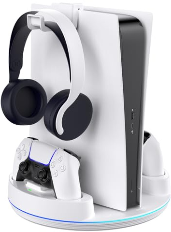 NEWDERY PS5 Console Stand for PS5 Standard, PS 5 Slim & PS 5 Pro | Vertical Stand with Dual Controller Charging and RGB Light, Compatible with PlayStation 5 Digital & Disc Console, White