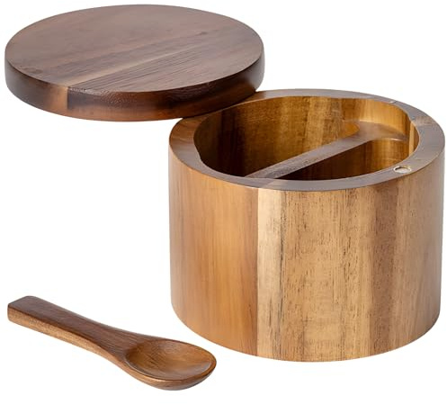 Salero y pimentero de madera de acacia rústica con tapa de mármol y cuchara de madera, doble compartimento para organización de especias y condimentos