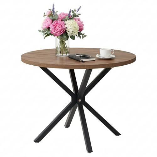 GrandCA HOME Tavolo da pranzo rotondo da 100 cm, grande tavolo da pranzo, adatto per 4-6 persone, pannello MDF/gambe in metallo, adatto per cucina, sala da pranzo, caffetteria, soggiorno (venature del