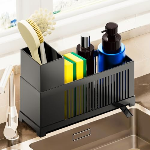 Woobroo Kitchen Sink Caddy Organiser, Sponge Holder with Removable Drain Tray and Partitions, Kitchen Soap Dish Tray, Washing up Caddy Sinkware Organiser with Brush Holder, Black