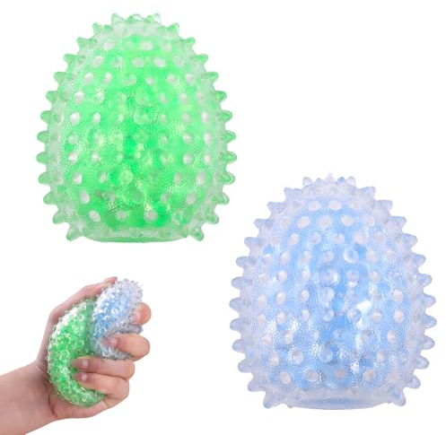 Anboor Set med 2 handgjorda stressbollar, igelkott, klämbollar, stressminskning, sensoriska pärlor för barn och vuxna, bullerfulla squishies-bollar för festpresenter (blå och grön)
