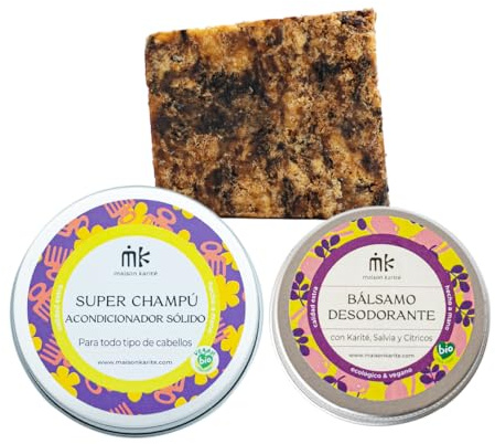 Pack Zero Waste Capilar y Corporal | Desodorante Natural + Jabón Negro + Champú Sólido 2en1 | Cosmética Sólida Ecológica | Cuidado Vegano y Residuo Cero | Maison Karité (Pack ZeroWaste)