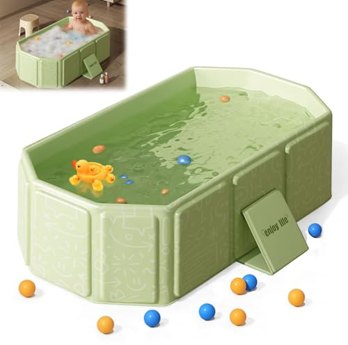 Vlecexs Vasca da Bagno Pieghevole, Vaschetta Portatile per Bambini con 5 Palline, 2 Anatre, Piatto Doccia Portatile con Tappo di Scarico, Vasca da Bagno Integrata per Bambini da 0 a 8 Anni, Verde