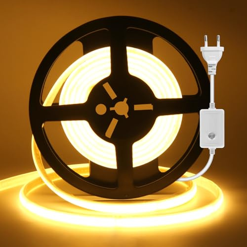 HEGEHE COB Neon LED Streifen Dimmbar, 230V 240LEDs/m Superhell Hohe Dichte, Alle 10cm Schneidbar, IP65 Wasserdicht Diffusion Flex LED Lichtleisten Schlauch (Warmweiß, 1M)