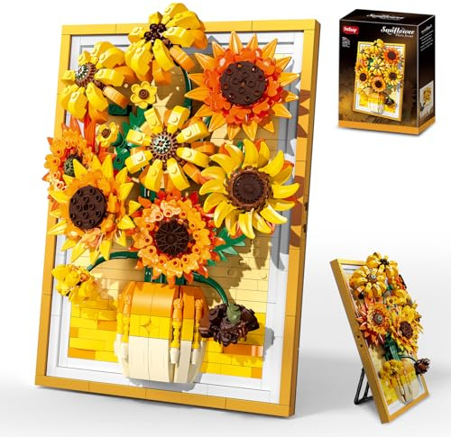 Sosuy Set Bloques de Construcción Girasol, Arte Mural Floral 2-en-1 con Marco, Decoración Hogar, Juguete Stem para Mujeres Adultas Adolescentes Niñas, Regalo Cumpleaños 1011+ Piezas