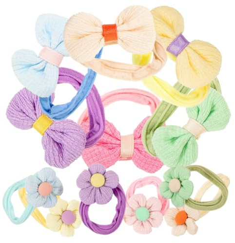 LOLIPPYY 12 Stück Elastisches Haargummi mit Blumen Schleife für Babys und Mädchen Schonendes Stoffmaterial Flexible Kleiner Haarbänder für Feines Haar Party und Alltags Haarschmuck