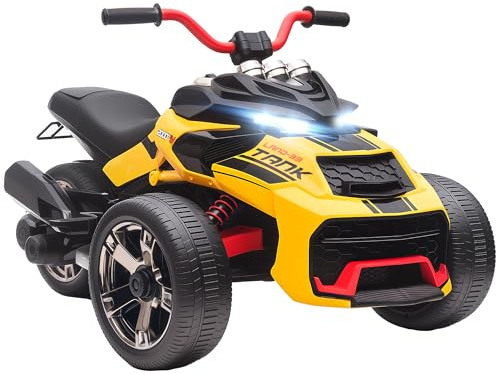 AIYAPLAY Quad électrique enfants 12V, design tricycle inversé, voiture électrique enfants 2 moteurs, lecteur MP3, klaxon, 2 vitesses, phares LED, cadeau pour garçons et filles âgés de 3 à 8 ans, jaune