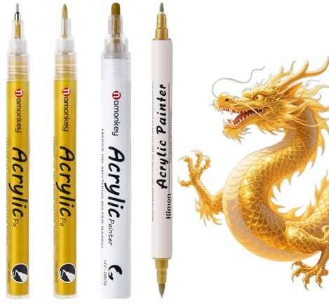 Nurila 4er-Set Acryl Stifte Gold,0.5/0.7/Br/2.0 MM, Goldener Stift Stark Deckendes Handlettering Set Goldstift Für DIY-Projekte Steinmalerei, Keramik, Holz, Glas, Metall, Kunststoff
