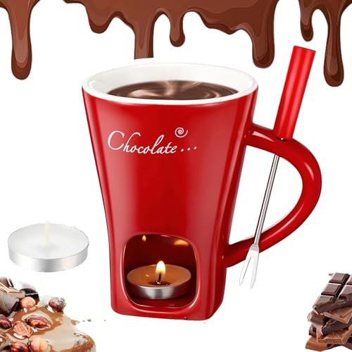 Chocolate Fondue Mug with Forks, Chocolate Fondue Cup, Ceramic Butter Warmers Pot Set, Personal Cheese Melting Cup, Ideal Gift for Birthdays Anniversary
