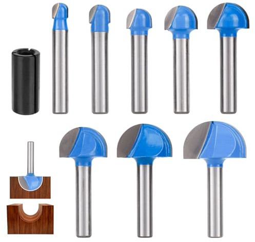 8 Piezas Fresa Cajera Conjunto, 1/4 Vástago Fresa de Cajera de Punta Redonda con Vástago Conversión, 1/4 a 1 Diámetro Corte Herramienta Madera para Ranuras Jugo y Huecos Corte