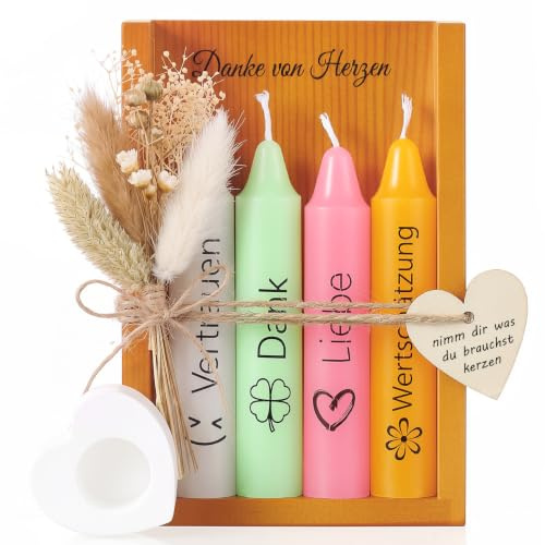 Tenare Set de Velas de Regalo de Agradecimiento con Portavelas de Danke Von Herzen Caja de Madera Candelabro Flores Secas Regalo para Colegas Mamá Novia Hermana Familia Cumpleaños