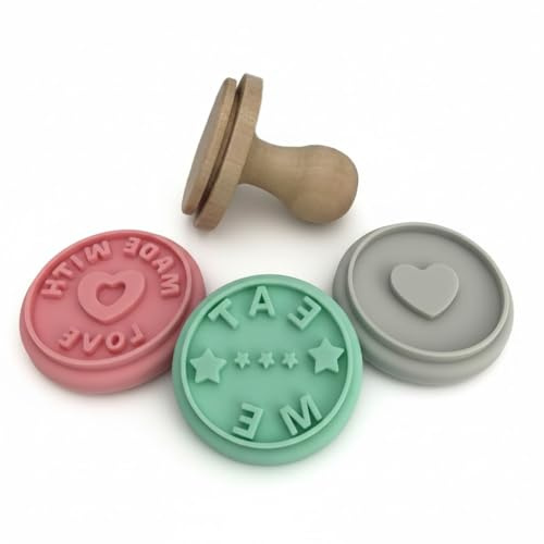 Cookie Stamp Set with Wooden Handle – Personalised Biscuit & Fondant Stamp Love You, Heart & Star Designs - Silicone Cookie Embosser for Shortbread & Sugar Cookies