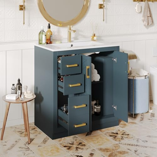 TIZZ Mobile sottolavabo con 3 cassetti e ripiano laterale, armadietto da bagno con molto spazio, cerniere a chiusura morbida e bacino in ceramica, blu, 76,5 x 46,5 x 84,5 cm