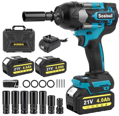 Schlagschrauber Akku 1000Nm kompatibel mit Makita 18V Batterie, bürstenloser 1/2'' Drehschlagschrauber 4800RPM mit 2×21V Akku & 6 Schlagbuchsen – Profi Impact Wrench für Auto/LKW-Reifenwechsel