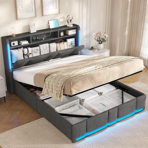 AOGLLATI Double Ottoman Bed (4ft6) with Hydraulic Storage, Charging Station & Led Lights, Upholstered Platform Bed Frame with Storage Headboard, Sturdy Wood Slats, Dark Grey Linen (Double-135x190cm)