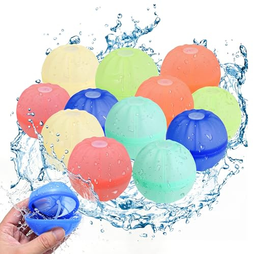 AEYAKA Återanvändbara silikonvattenbomber 12-pack, självstängande snabbfyllningsvattenbollar utan magneter, återanvändbart vattenleksaker för pool, strand, trädgård och sommarfester