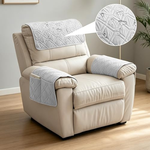 Yunlaishaocer 1-Sitzer Sesselschoner mit Taschen für Relaxsessel mit Armlehnen,Wasserdicht & rutschfeste Armlehnenschoner,Abnehmbarer Waschbar Sofaschoner,Sofa-Armbezug für Sofa (Hellgrau)