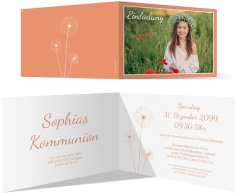Kartenmachen.de Personalisierte Kommunion Einladungskarten (10 Stück) - Pusteblume in Apricot - Kommunionskarten Einladung