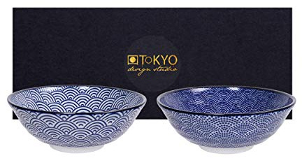 TOKYO design studio Nippon Blue 2-er Schalen-Set blau-weiß, Ø 21 cm, ca. 1000 ml, asiatisches Porzellan, Japanisches Design mit blauen Mustern, inkl. Geschenk-Verpackung