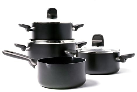 GreenPan Memphis, Batteria di Pentole Antiaderenti in Alluminio con Rivestimento in Ceramica, Adatte a Tutti i Tipi di Fornelli, Induzione, Forno e Lavastoviglie, 4 pezzi, Nere