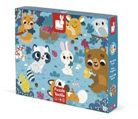 Janod Tast-Puzzle für Kinder, Die Waldtiere, 20 Teile, Davon 7 mit Textur, Lern- und Tastspiel, Tastsinn, Feinmotorik und Konzentration, ab 2 Jahren, J02685