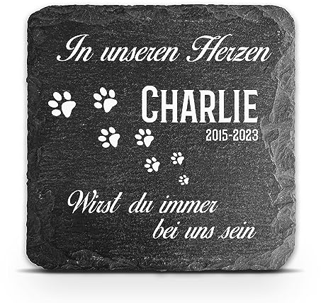 TULLUN Individueller Personalisiert Natürlich & Einzigartig Tiergrabstein Schiefer Gedenkstein für Hund, Katze, Kaninchen und andere Haustiere - Größe 10 x 10 cm - In Unseren Herzen