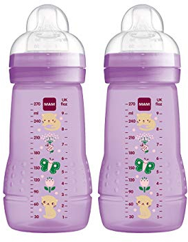 MAM Easy Active Drinking Bottle Set of 2 (270 ml), Baby Drinking Bottle with MAM Teat Size 1 , Milk Bottle with Ergonomic Shape, 0+ Months, Butterfly, Instructions in Foreign Language