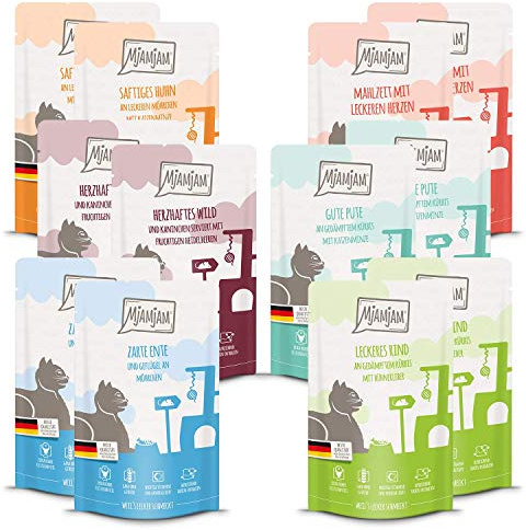 MjAMjAM - comida húmeda premium para gatos - Quetschie Mixpaket III, pack de 12 (12 x 125 g), sin cereales con extra de carne