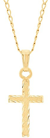Child's & Kid's 14k (Karat) Solid Yellow Gold Filled Religious Custom Hand Engraved Cross Pendant Necklace, Children's Yellow Gold Cross Necklace On 15 (Inch) Curb Chain W/ Soldered Bale, Child's