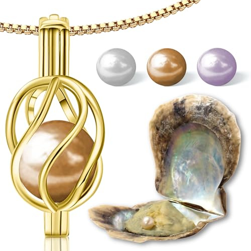 Wunschperlen Perlenkette Damen Schmuck Set - Helix Kette Gold und Muschel mit Perle - 18k Vergoldet 925 Silberkette Damen mit Anhänger und Echte Perle in Muschel - Schmuckset Gold Geschenk für Sie