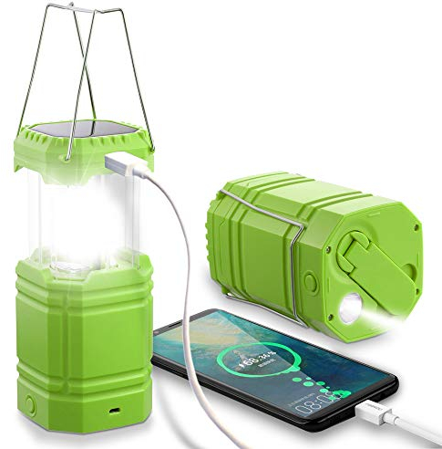 LED Solar Camping Light, Camping Wind up Lantern-Hand Crank Rechargeable-Emergency Light with 3000mAh Battery for Camping, Hiking, Fishing, SOS, Outdoor, Hurricane-Green