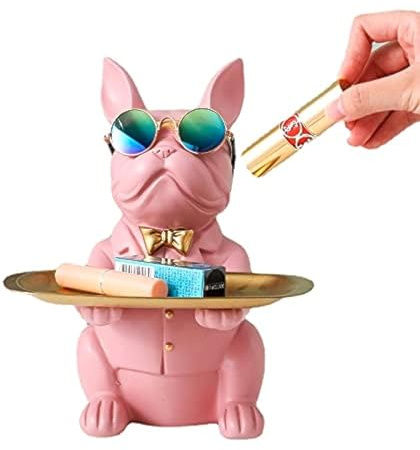 Deko Skulptur Bulldogge, Schlüsselschale Modern Schwarz, Schlüsselablage Flur, Deko Figuren Wohnzimmer, Hundefigur Deko, Französische Bulldogge Aufbewahrung für Flurdeko und Wohnzimmer (Rosa)