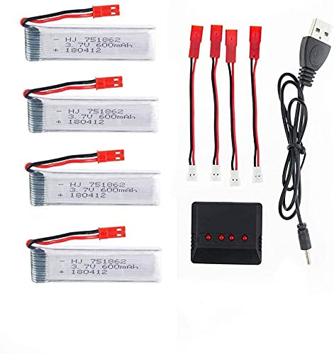 YUNIQUE GREEN-CLEAN-POWER - Set von 4 Wiederaufladbaren LiPo-Batterien 3.7V 600mAh für RC-Drohnen | Kompatibel mit UDI U817, WLtoys V959, RC-Hubschrauber | Ladegerät Inklusive | 65X17X8 mm - 17,5 g