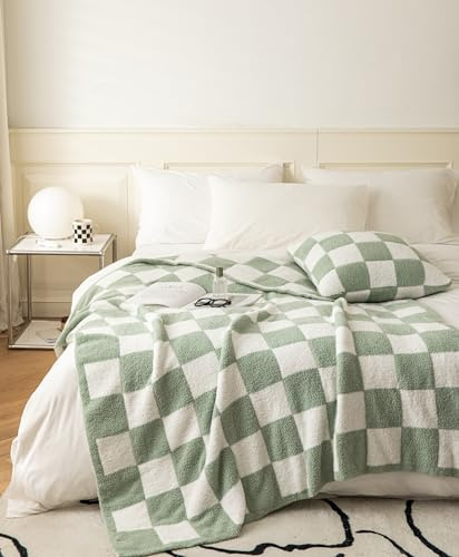 Ultra-Soft Buffalo Checkerboard Grid Fluffy Microfiber Knitted Throw Blanket Super Cozy Lightweight Checkered Bed Blanket for Sofa Couch Bed Matcha 51X63