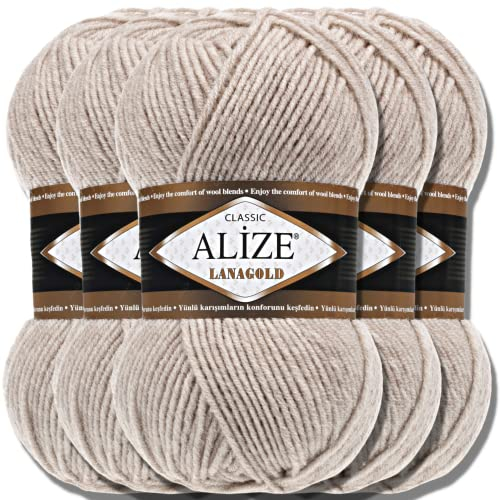 Alize 5 x 100g Lanagold Türkische Premium Wolle Baumwolle und Acryl Handstrickgarne | Yarn | Garn | Strickgarn Accessoire Baby zum Häkeln Stricken Kleidung Schals (Beige Melange | 152)