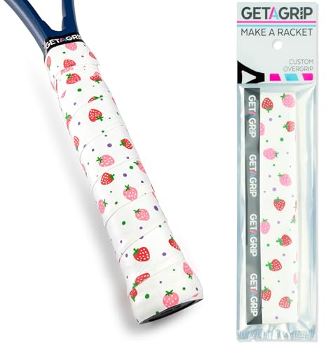Get A Grip - Custom Tennis Racket Grip Tape - Anti-Slip/Quick-Drying Tennis Overgrips - Precut Badminton Racket Grip with Finishing Tape (Strawberries & Cream, 1 Grip)