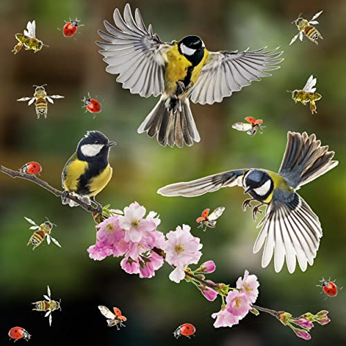 18 x Bugs Blossom and Bird Window Stickers for Glass - Flying Bird Double Sided Decorative Anti Bird Strike Window Stickers with Flying Bees and Ladybirds