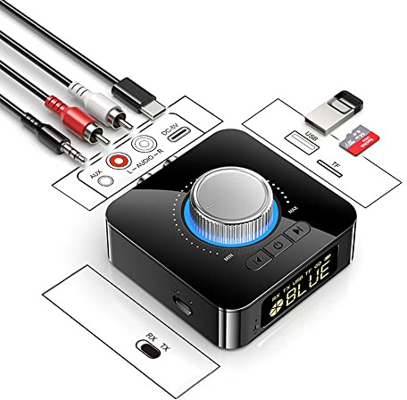 Bluetooth Audio Sender & Empfänger mit LED Display, Bluetooth 5.0 Adapter für TV Auto CD PC Heim Stereo Lautsprecher Kopfhörer, AUX 3,5 mm RCA USB MP3 TF Micro SD Musik Player
