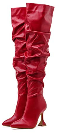 10 CM/3.93IN Longues Bottes Bout Pointu Verre À Vin Talon Haut Genou Bottes Long Tube Froissé Bottes pour Femmes Grande Taille,Rouge,35 EU