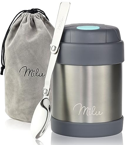 Milu® Thermobehälter für Essen Kinder 300ml, Edelstahl Warmhaltebehälter mit Löffel, Thermobecher 100% Auslaufsicher, Thermo Lunchbox, Thermobox Suppen, Babybrei, Speisebehälter Grau, 300ml