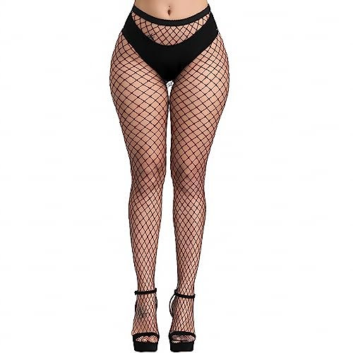 KLONKEE 1Paires Collant Résille Noir Femme, Bas Résille Femme, Taille Haute Élastique Filets de Pêche Bas Résille Cuisse